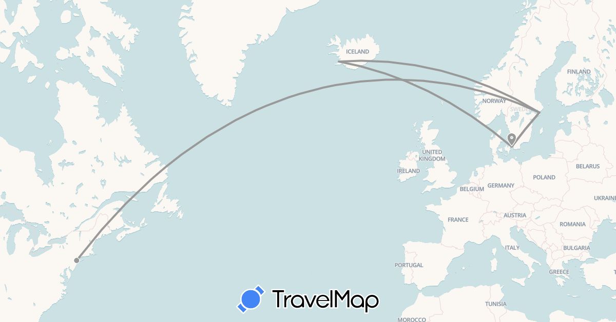 TravelMap itinerary: driving, plane in Denmark, Iceland, Sweden, United States (Europe, North America)